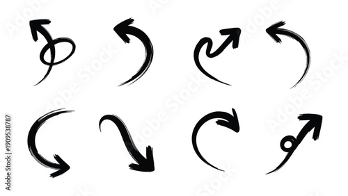 Set of black hand drawn brush stroke arrows with different curves and directions for creative navigational design.