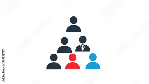 Organizational chart showing a pyramid of people icons with highlighted individuals in red and blue for team leadership.
