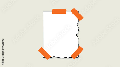 Torn white paper sheet attached with orange tape on a neutral background for notices reminders and creative design.