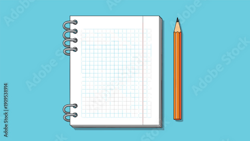 Spiral bound notebook with grid lines placed next to a sharp orange pencil on a solid blue background for educational or office concepts.