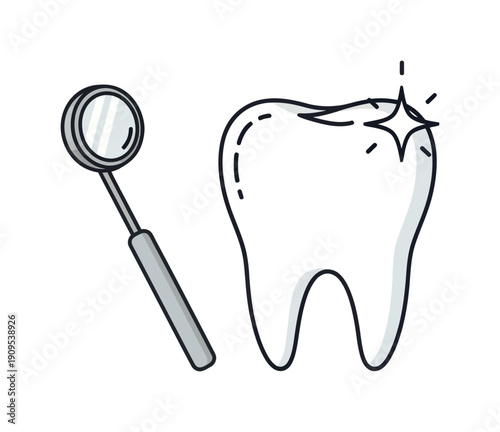 Professional dental equipment featuring a shining healthy tooth and an examination mirror, perfect for advertising dentistry services, oral hygiene campaigns, and patient education resources