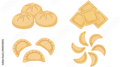 Variety of dumplings including khinkali pierogi and ravioli shown in groups for culinary and ethnic food illustrations.