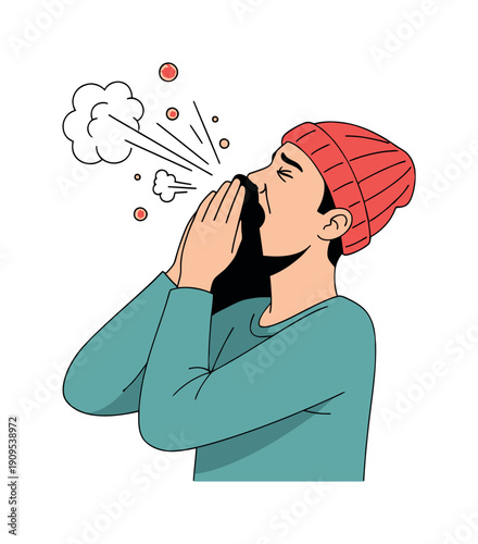 Young adult man wearing a beanie sneezing or coughing into his hands, demonstrating proper hygiene to prevent the spread of germs, useful for public health campaigns and medical educational