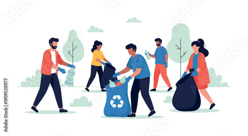 A diverse group of volunteers actively participates in an outdoor park cleanup, diligently collecting discarded plastic waste and sorting recyclable materials, perfect for promoting