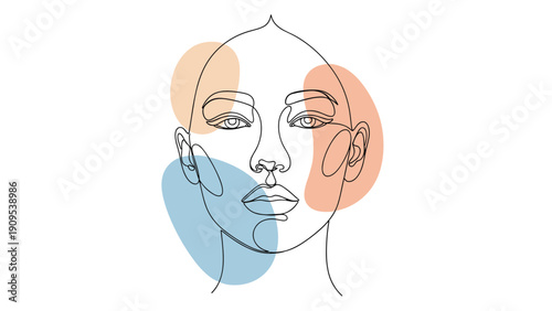 Minimalist one line drawing of a woman's face with abstract peach and blue shapes for a modern artistic look.