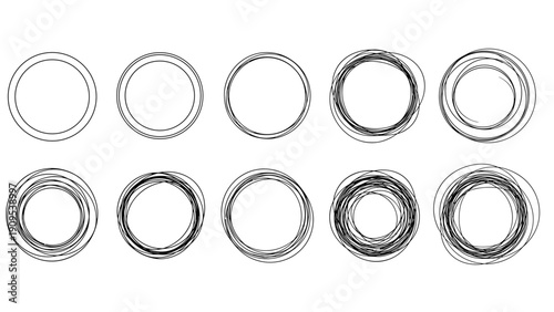 Set of sketchy circular frames with hand drawn line textures for artistic borders and creative photography framing.
