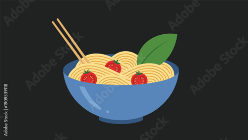Blue bowl filled with yellow noodles topped with tomatoes and a large green leaf with wooden chopsticks on the side.