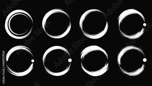 Eight white circular brush strokes with a small dot on a black background for loading icons or zen symbols.