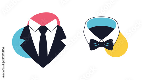 Two minimalist icons showing a black suit with a long tie and a tuxedo with a bow tie against colorful shapes.