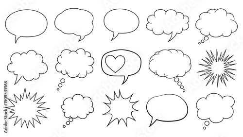 Large set of hand drawn speech bubbles in various shapes including a heart and cloud bubbles for comic illustrations.
