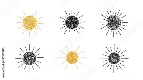 Six different hand drawn sun icons in black and gold with rays and scribble textures for weather or solar energy.