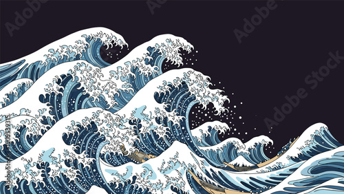 Famous great wave off kanagawa recreation in pixel art style with blue and white colors on a dark background for digital art lovers.