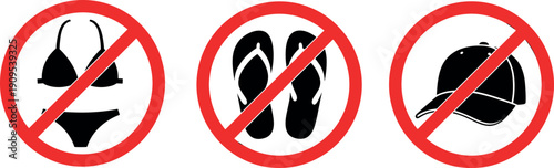 Prohibition signs set for swimwear sandals and cap, warning restriction symbols illustration isolated on white - flavector
