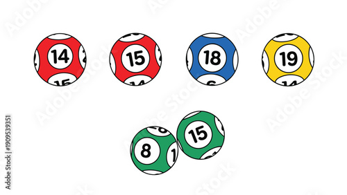 Group of colorful lottery or bingo balls with numbers 14, 15, 18, and 19 for gambling and game of chance concepts.