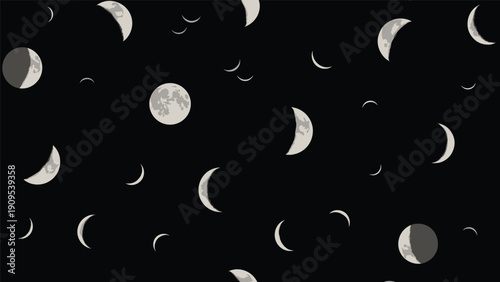 Seamless pattern of various moon phases including full, crescent, and half moons scattered on a black night sky background.