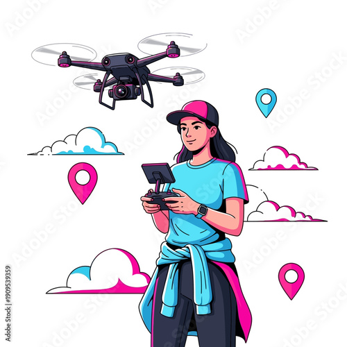 Woman operating drone with remote control near location pin markers and clouds