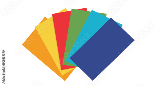 Fan of colorful paper samples in orange, yellow, red, green, and blue colors isolated on a white background for printing concepts.