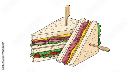Appetizing hand drawn illustration of two club sandwiches with layers of ham, cheese, and lettuce on a white background.