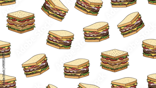 Seamless pattern of detailed hand drawn club sandwiches with ham, cheese, and vegetables on a white background for food themes.