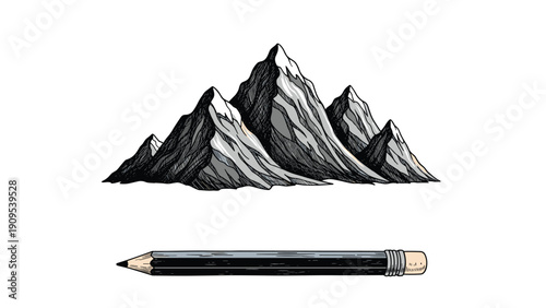 Artistic hand drawn sketch of majestic snow capped mountains with a pencil at the bottom for creative and travel concepts.