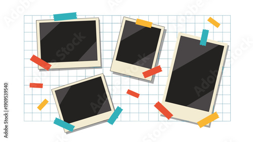 Creative layout of blank instant photo frames attached with colorful tape on a light blue grid background for memory concepts.