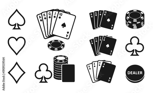 Poker Card Hand and Casino Chip Set - Black Silhouette Playing Cards and Gambling Graphics Isolated on White
