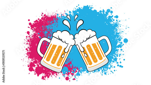 Colorful illustration of two frothy beer mugs clinking together with vibrant pink and blue paint splashes for party themes.