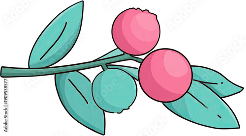Cartoon-style illustration of a stem with leaves and berries in pink and blue tones