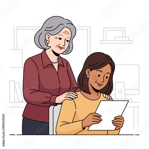 Older woman mentor guiding a younger woman reading important document together