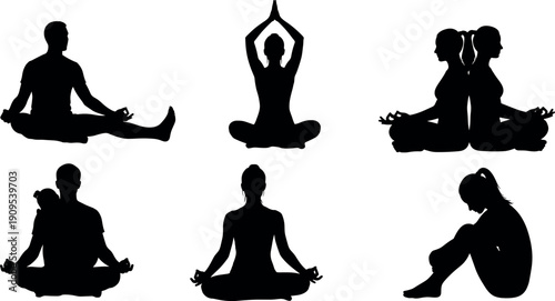 Yoga meditation silhouettes collection, peaceful mindfulness fitness poses illustration isolated on white background flavector