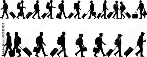 Travelers walking with luggage silhouettes, airport passenger movement, journey concept, tourism commute, isolated black vector – flavector