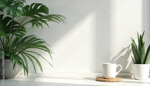 Minimalist interior scene with potted plants and a white mug on a shelf. Lush green leaves cast shadows on a bright white wall. Offers a fresh, natural, and calm aesthetic for home or office decor.