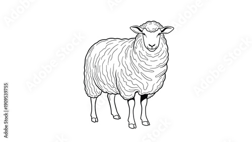Detailed black and white line drawing of a sheep standing calmly on a white background for farm and animal themes.