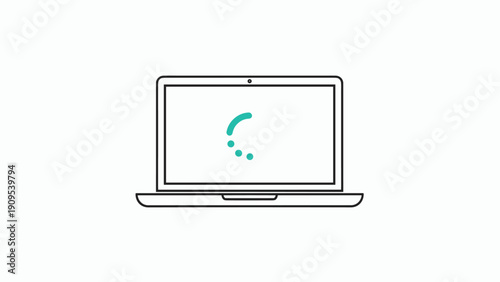 Simple vector icon of a laptop computer with a green loading symbol on the screen representing digital processing.