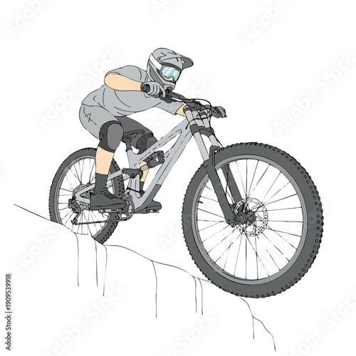 Mountain biker descending trail dynamic illustration, extreme sport line art for active lifestyle graphics