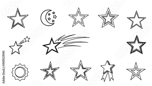 Diverse collection of star icons and symbols in various hand drawn styles including moons and shooting stars.