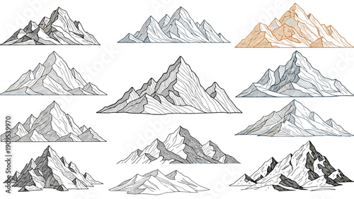 Large set of detailed mountain line drawings and sketches showing different terrains and rocky peak structures.