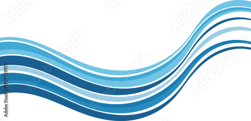 Abstract blue flowing wave lines set on white background representing water movement, marine energy, digital data stream, and modern background.