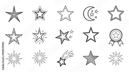 Collection of hand drawn star icons in various sketchy styles with shooting stars and medal award variations.