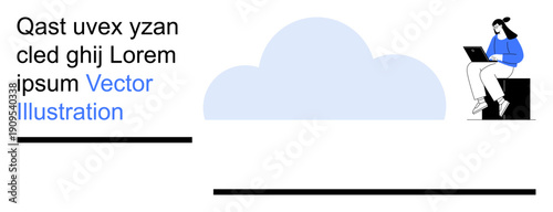 Cloud computing, technology services, remote work, digital innovation, online storage, data sharing. Woman working with laptop next to a cloud graphic. Cloud computing and remote work concept