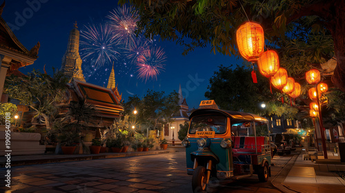 AI generator images of Tuk-tuks are an important symbol of Thailand and are popular among tourists. During festival celebrations in Bangkok, tuk-tuks are often lined up, fireworks 