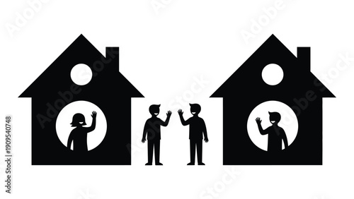 Two houses with people waving at each other from their windows isolated on white background, Vector