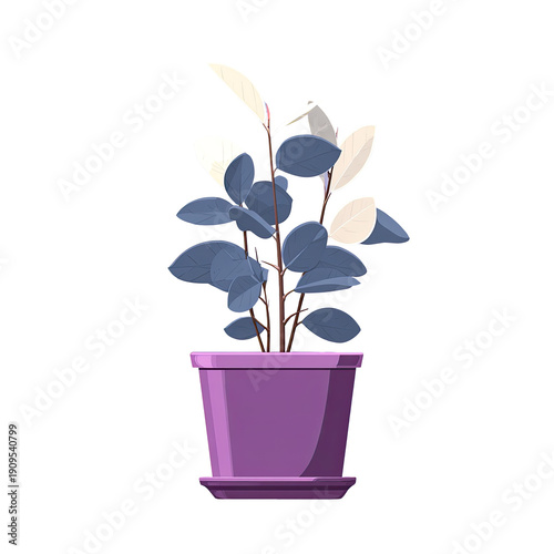 Cartoon-style indoor plant with dark blue leaves and creamy white tips in a purple pot