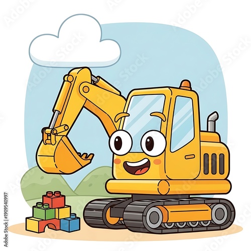 Smiling cartoon excavator with blocks toys.