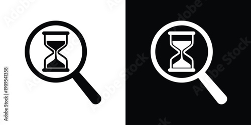 Magnifying glass icon with an hourglass inside. Flat vector illustration for time tracking, deadline search, history discovery, and productivity management concepts. Black and white versions.