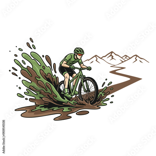 Dynamic mountain biker illustration splashing mud on a trail, adventure sport concept