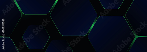 Dark abstract background with hexagon shapes and glowing green lines. Modern and futuristic technology vector design for banner, advertising and website. EPS. 3