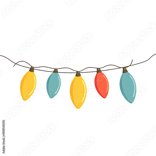 A cartoon-style string of holiday lights in varying colors hangs against a black backdrop