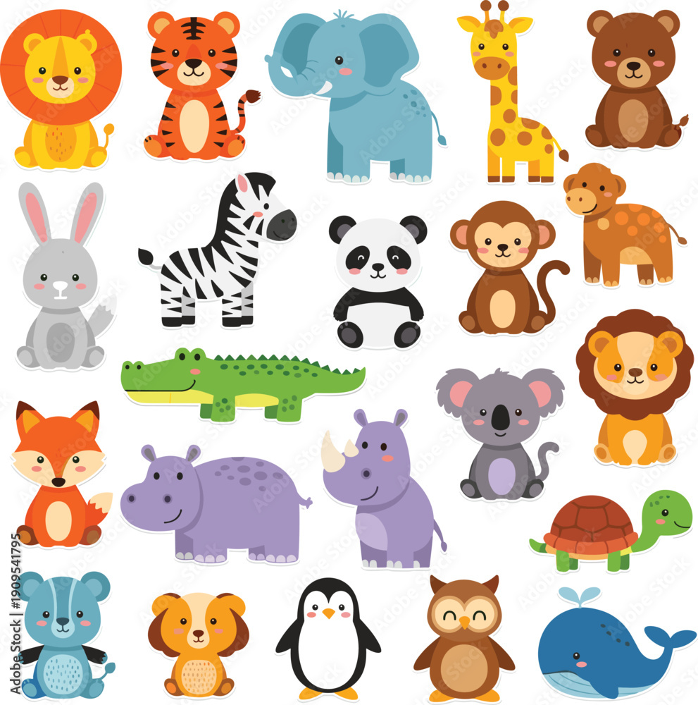 Obraz premium Cute wild animals cartoon set with lion, tiger, elephant, giraffe, panda, zebra and more