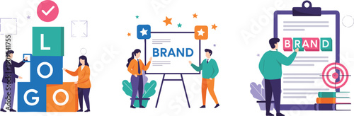 Brand building illustration set, logo creation, business branding strategy, marketing presentation, corporate identity development, flat vector design concept